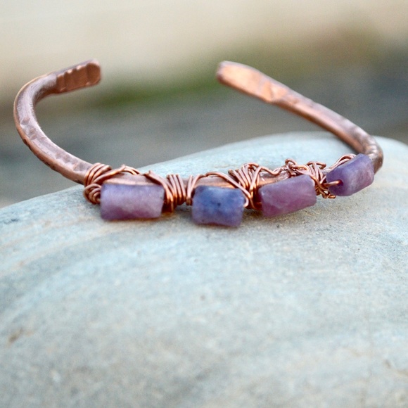 Conceptual Subculture Jewelry - Pink Tourmaline Wire Wrapped Cuff Bracelet Copper